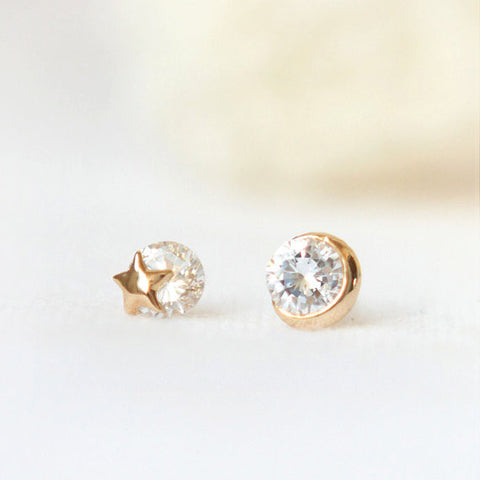 Tapered Baguette CZ Crescent Moon and Star Drop Earrings
