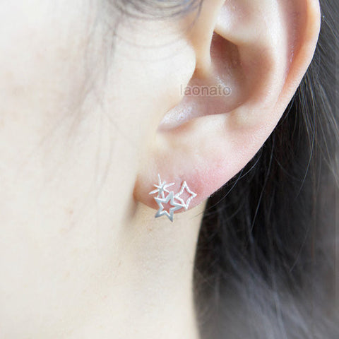 Tapered Baguette CZ Crescent Moon and Star Drop Earrings