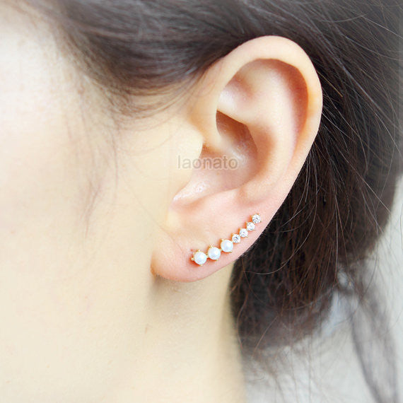 Little CZ and Fake Pearls Ear Climber