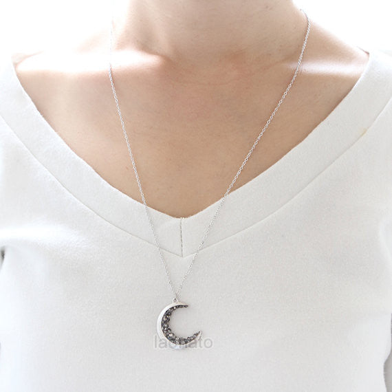 Crescent Moon and Black CZ Necklace